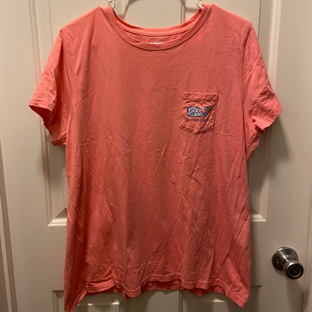 Vineyard Vines coral pink short sleeved t-shirt with front pocket